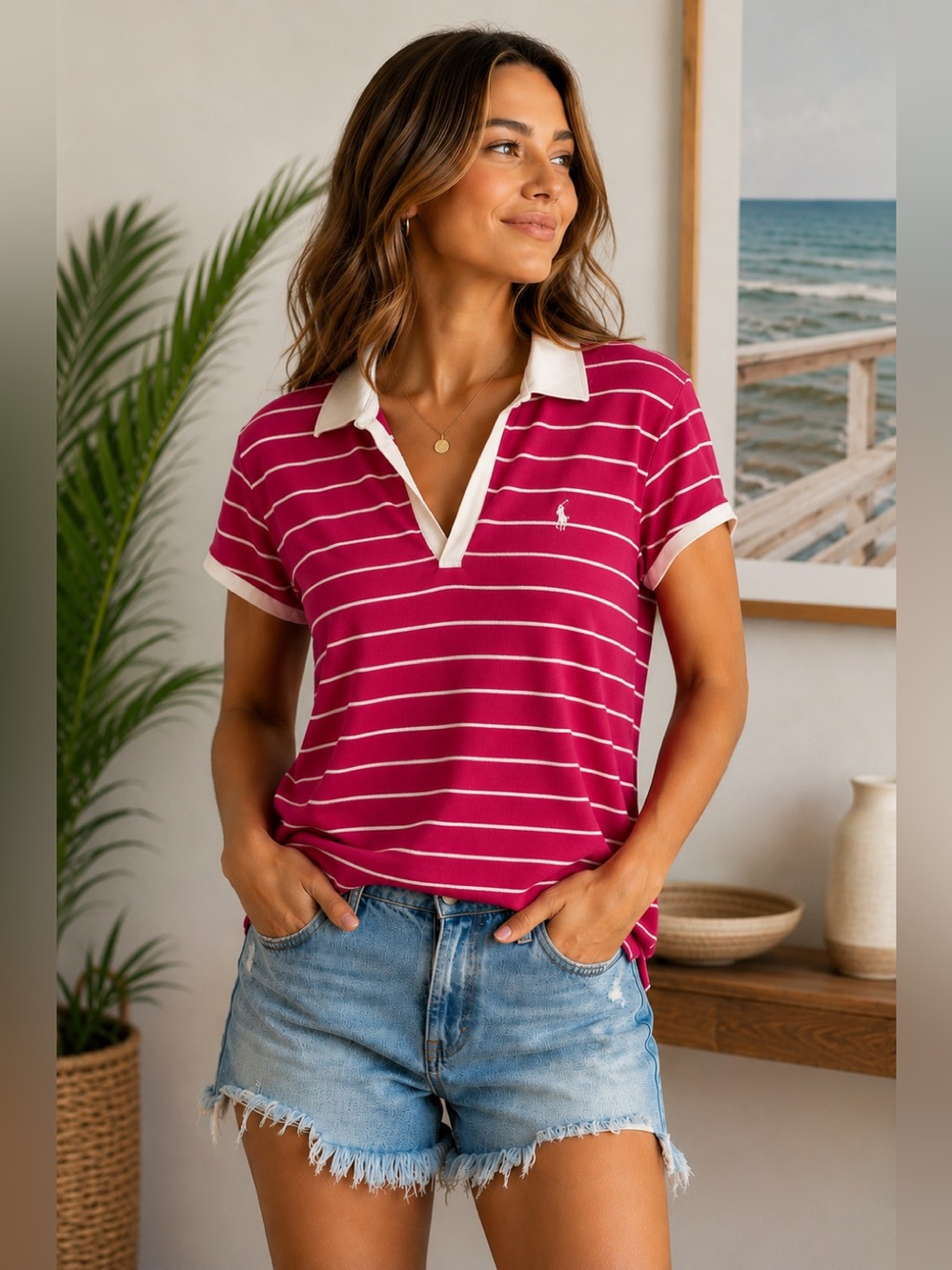 Vintage Ralph Lauren Sport Pink Striped Polo Top L Cotton Preppy Coastal Y2K